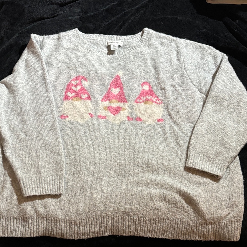 cupcakes & cashmere Gray Sweater with Pink Gnome Design